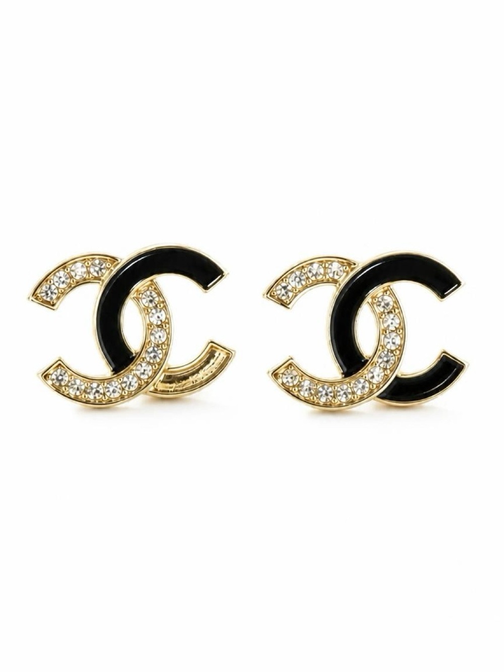 Black Enamel & Crystal Interlocking CC Stud Earrings - Gold